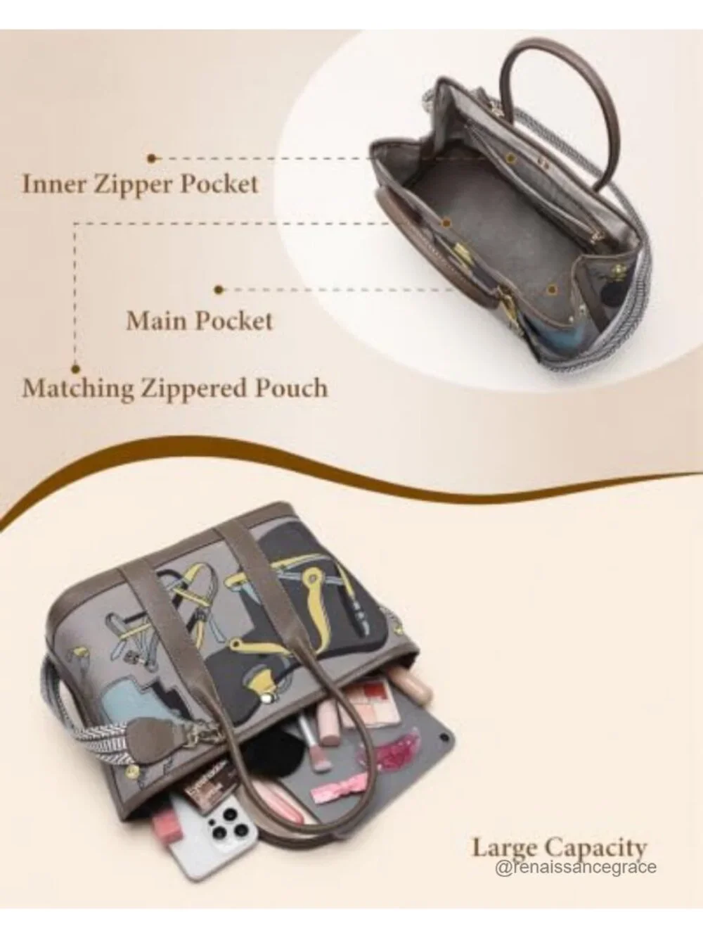 Tapestry Print Satchel Tote Handbag with Faux Leather Trim, Detachable